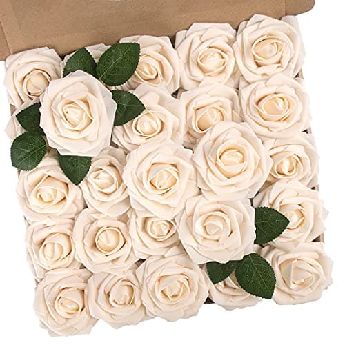 Image of N&T NIETING Artificial Flowers Roses, 25pcs Real Touch Foam Roses, Fake Flowers Rose for DIY Wedding Bridal Bouquets Baby Shower Table Centerpieces Home Decorations, Cream
