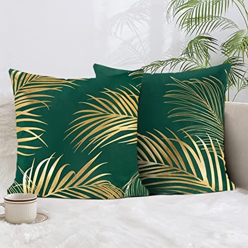 Image of Bonhause Gold Leaves Cushion Covers 40 x 40 cm Gold Foil Printing Decorative Throw Pillow Covers Soft Velvet Green Pillowcases for Sofa Living Room Bed Home Patio Decor Set of 2
