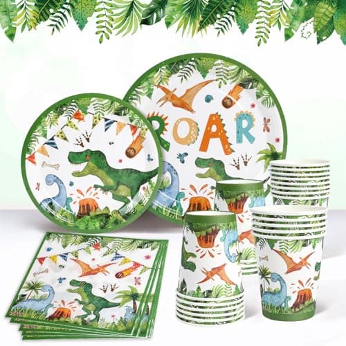 Image of Dinosaur Paper Plates Cups and Napkins Set - 96pcs Dinosaur Party Tableware Set, Dinosaurs Themed Plates Cups Napkins, Disposable Dino Tableware for ROAR Decoration, Birthday Decoration Boy(24 Guests)