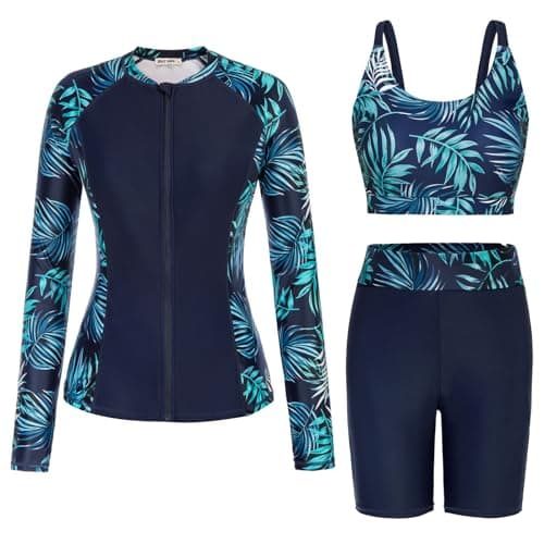 Image of GRACE KARIN Women Rashguard Swimsuits Built-in Bra Swim Tops Sun Protective Bathing Suits with High Rise Pants Blue XL