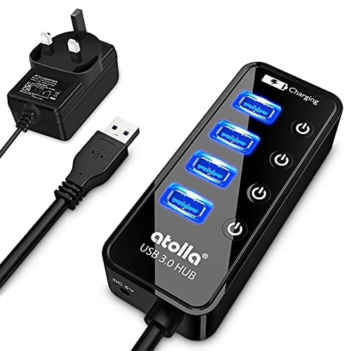 Image of atolla USB Hub with 4 USB 3.0 SuperSpeed Data Ports and 1 USB Smart Charging Port, USB Splitter with Individual On/Off Switches and 5V/3A Power Adapter
