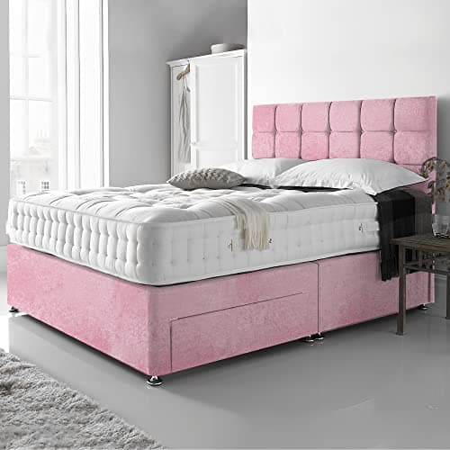 Image of DBZ BEDS Reinforced 4FT Small Double Bed Set with 2000 Series Mattress – Pink Crushed Velvet Velvet Divan Bed Frame with Storage Options – 26" Headboard & Chrome Glider Feet – Made in UK