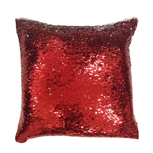 Image of Velosso Magic Reveal Mermaid Sequins Cushion Cover Throw Two Tone Flip Sequins Sparkly Glitter Decor With Sensory Feel (43cm X 43cm Filled Cushion, Red)