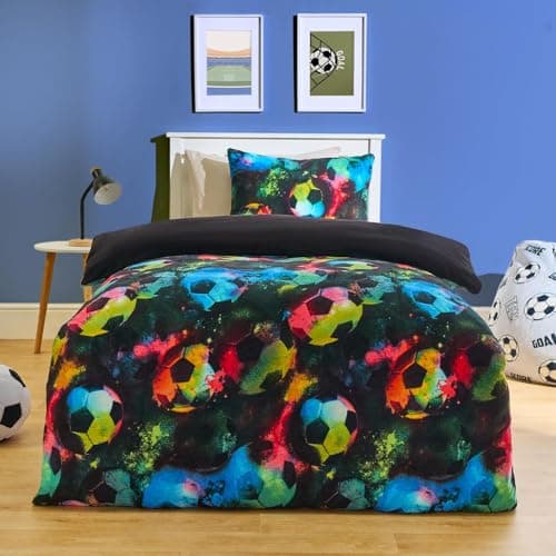 Image of OHS Single Fleece Duver Cover, Super Soft Winter Warm Football Bedding for Boys Single Duvet Cover Set Cosy Comfy Kids Bedding Set with Pillowcase Football Gifts, Neon