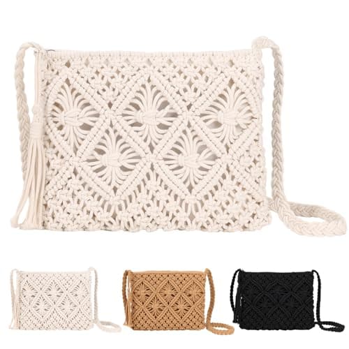 Image of Sahunfri Straw Crossbody Bag for Women Bohemian Shoulder Bag Woven Crochet Purse For Summer Beach Travel Clutch Handbag (White)