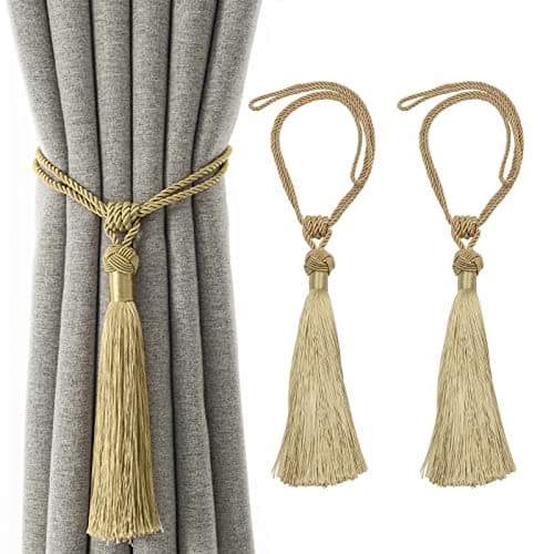 Image of VEGCOO Curtain Tiebacks, 2 Pack Handmade Woven Rope Tassel Tie Backs Curtain Holdbacks Clips for Home Bedroom Window Decoration (Gold, 1 Pcs)