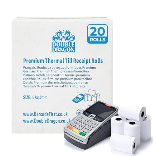 Image of Double Dragon, 20 Rolls, 57 x 40mm Thermal Receipt Paper, Till Rolls for Credit Card Machines & PDQ Terminals, Compatible with Ingenico, Verifone, Barclays, Pax, Worldpay, Sagem, Spire | BPA-Free