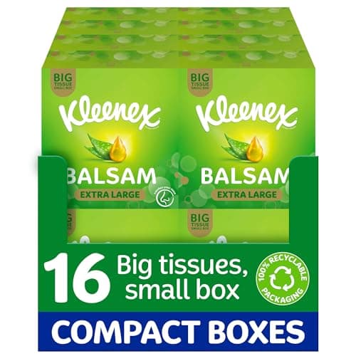 Image of Kleenex® Balsam Extra Large Tissues in 16 Compact Boxes - Protect and Soothe Your Nose When You've Got a Cold - BalmCare with Aloe Vera, Vitamin E and Calendula, 640 Tissues (16 Boxes)