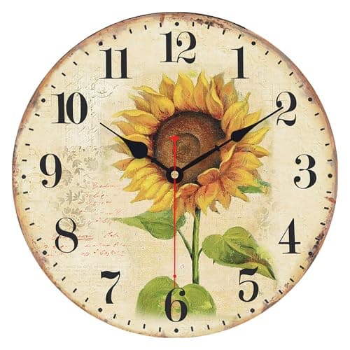 Image of VIKMARI Art Decorative Arabic Numeral Wooden Wall Clock Battery Operated Quartz Silent Round Clocks 14 Inch Sunflower Hanging Clock for Bedroom,Dining Room,Office and Living Room