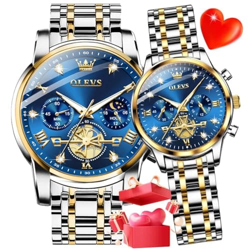 Image of OLEVS Couple Watch Set - His and Her Matching Watches with Diamond Accents - Romantic Valentine's Day Chronograph Watch
