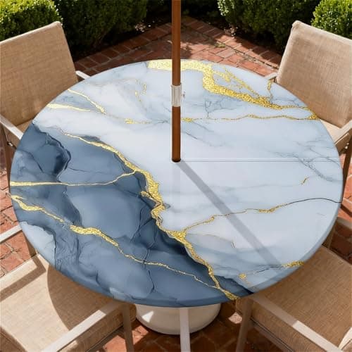 Image of ARTSGOO Round Outdoor Tablecloth with Parasol Hole 90cm/36in, Blue and White Marble Wipeable Waterproof Elastic Edge Fitted Table Cover for Patio, Garden & Terrace Dining – Durable Non-Woven Fabric