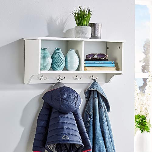 Image of Home Source Wall Mounted Coat Rack, 4 Hook Coat Robe Hanging Unit with Storage Shelves Bathroom Hallway, White