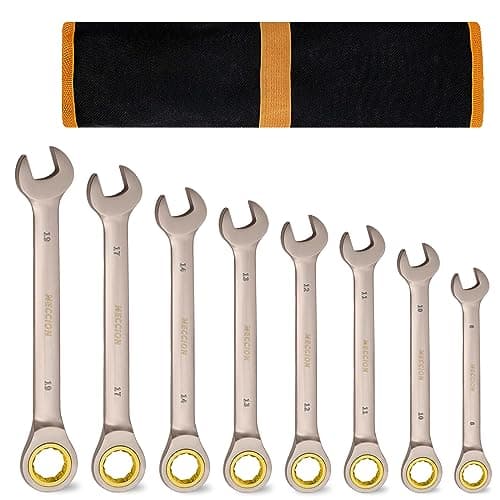 Image of Meccion 8Pcs Fixed Head Ratchet Spanner Set 8mm-19mm Professional Chrome Vanadium Steel Forged Combination Wrench - Black Nickle Plated