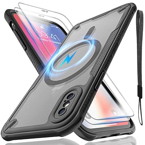 Image of for iPhone X/Xs Case, Translucent Matte Back Compatible with Magsafe Magnetic Slim Shockproof Protective Case with Lanyard Strap and 2*9H Tempered Glass Screen Protector Phone Cover 5.8-inch-Black