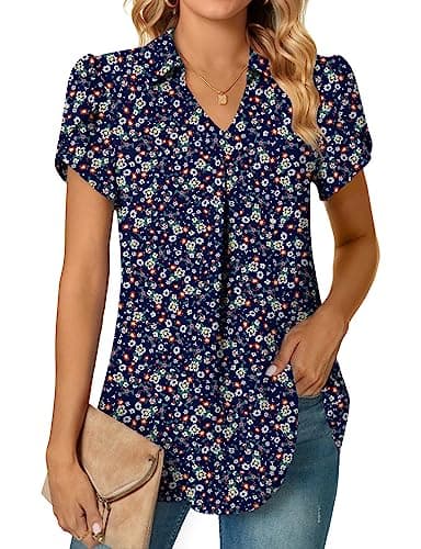 Image of Aodemo Women's Summer Dressy Collared V Neck Chiffon Blouse Short Sleeve Tunic Tops Casual Pleated T-Shirts 2XL, Floral Navy Blue