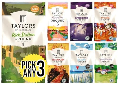 Image of Taylors Ground Coffee (Each Pack 200g) Pick Any 3 from 7+ Flavours Inc. Rich Italian, After Dark, Hot Lava Java, Decaf, Lazy Sunday, Flying Start and Brasilia
