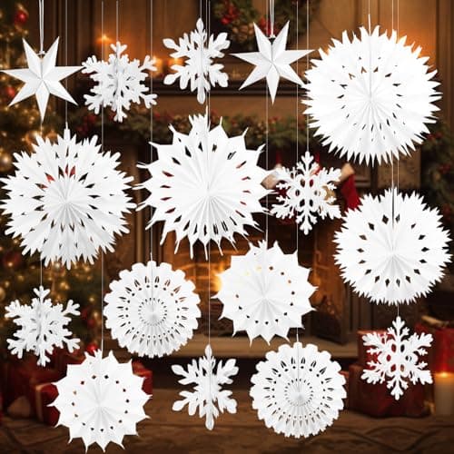 Image of Paper Christmas Decorations, 16PCS Paper Snowflakes Hanging Decoration Snowflakes Fans Star Hanging Ceiling Christmas Decor for Winter Home Xmas Wedding Decor