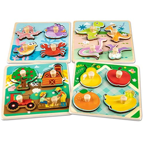Image of Funsland Wooden Puzzles Jigsaw for 1 Year Old, 4 Pcs Toddler Peg Puzzles Animal, Baby Montessori Wooden Toys, Infant Kid Fine Motor Skill Learning Educational Toys Gifts for 2 3 4 Years Old