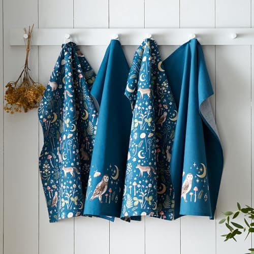 Image of Catherine Lansfield Enchanted Twilight Animals Cotton 50x70cm Kitchen Tea Towel Pack of 4 Navy Blue