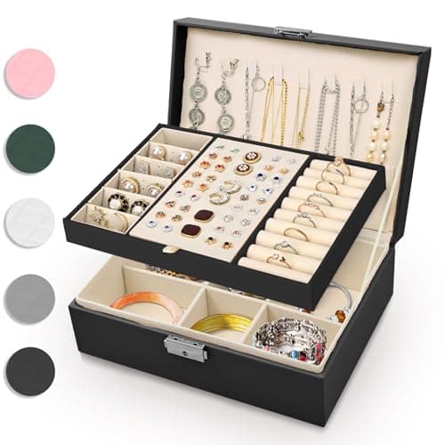 Image of Eucomir Women's Travel Jewellery Box - 2 Layer Large PU Leather Jewelry Organizer for Rings, Bracelets, Earrings, Necklaces - Black