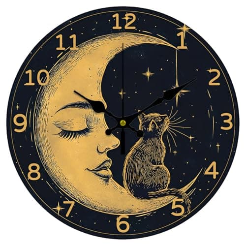 Image of CHGCRAFT 12 Inch Cat Moon Pattern Round Wall Clock Battery Operated Silent Non Ticking, for Kitchen Living Room Bedroom Home Office Bathroom Decor
