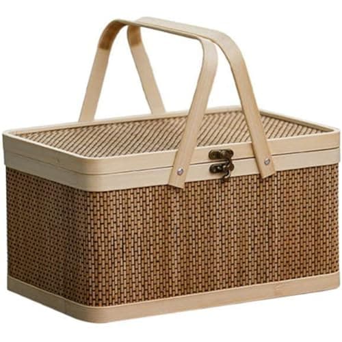Image of Yksiahfi Bamboo Basket - Natural Woven Basket with Lid for Snacks & Bread Storage