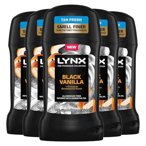 Image of Lynx Fine Fragrance Collection Black Vanilla Deodorant Stick for Men 50ml Pack of 5 Aluminium Free Premium Mens Deodorant Stick with Essential Oils 72H Odour Protection