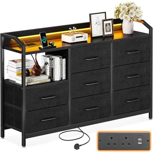 Image of ODK Black Chest of Drawers Bedroom, with LED Light trip with 10 Adjustable Colors and 2 USB and 2 AC Outlets, Includes 8 Large Fabric Drawers, Suitable for Bedroom, Living Room, 110 * 30 * 88, Black