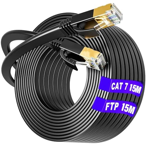 Image of Cat 7 Ethernet Cable 15m, Long Ethernet Internet Cable 15m High Speed Shielded Network Cable Flat, S/FTP - 10Gbps (15 Clips) - Faster than Cat6/Cat5, Lan Cable for Xbox/Switch/Router/Game/Modem