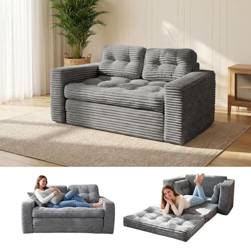 Image of GreenWhim 2-in-1 Convertible Sofa Bed, Grey Corded Fabric Loveseat Futon with High-Density Foam, Folding Floor Couch for Small Spaces (Dark Gray)