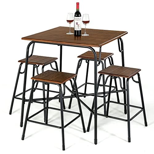 Image of COSTWAY 5-Piece Dining Table Set, Counter Height Bar Table and 4 Stools with Footrest, Metal Frame Space Saving Breakfast Dining Furniture for Kitchen Pub Living Room