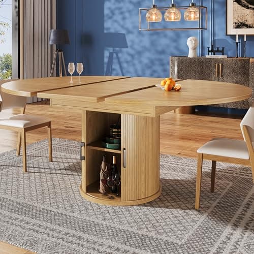 Image of BTM Extendable Round Dining Table with Storage Wooden Oval Extending Tables 4-6 Seater for Kitchen, Balcony, Natural Color