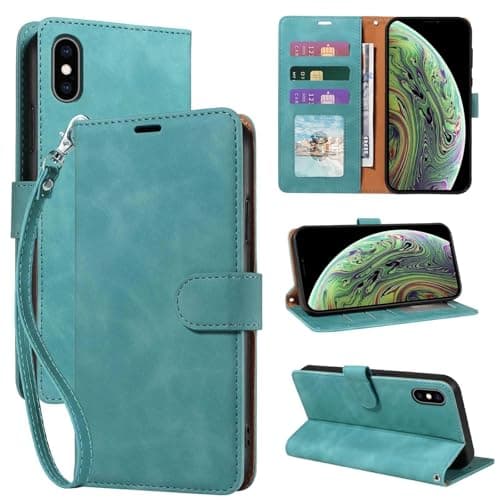 Image of GOTOURED for iPhone X/XS Wallet Case, for iPhone 10 Phone Case, RFID Blocking 3 Card Slots Holder, Soft Leather Protective, Kickstand, Wrist Strap, Shockproof Folio Flip Cover (Green)