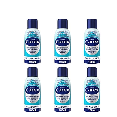 Image of Carex Antibacterial Original Hand and Surface Santister Spray, 70 Percent Alcohol, Cleans, Cares and Protects, Bulk Buy, Pack of 6 100 ml