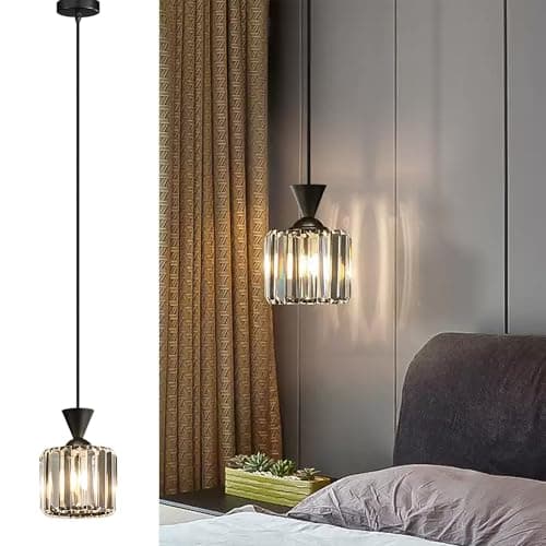Image of KarlpaSW Crystal Ceiling Pendant Light Black,E27 Modern Hanging Lights Max 60W,ø12CM Adjustable Height Pendant Light Fitting for Kitchen Island Dining Room Loft Bedroom Living Room(Bulb Not Included)