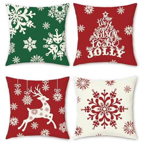 Image of COZZSNUGE Christmas Cushion Covers Snowflakes Reindeer Xmas Tree Winter Holiday Polyester Decorative Pillowcases for Sofa Bed Home Patio 45 x 45 cm Set of 4