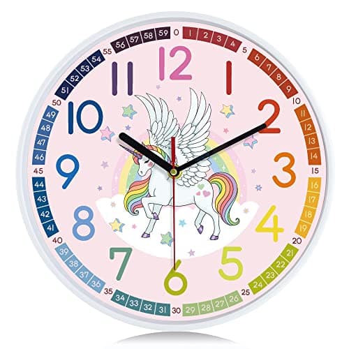 Image of Lafocuse 12 Inch Silent Telling Time Teaching Clock,Learning Pink Wall Clock for Kids Girls Children, Quartz Decorative Wall Clocks for Bedrooms Living Room Classroom