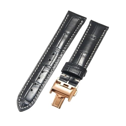 Image of ROUHO Premium Genuine Leather Watch Strap Replacement Watch Band with Quick Release Deployment Clasp for Longines La Grande Classique Master Elegant Heritage-Black + Rose Gold Buckle 22mm