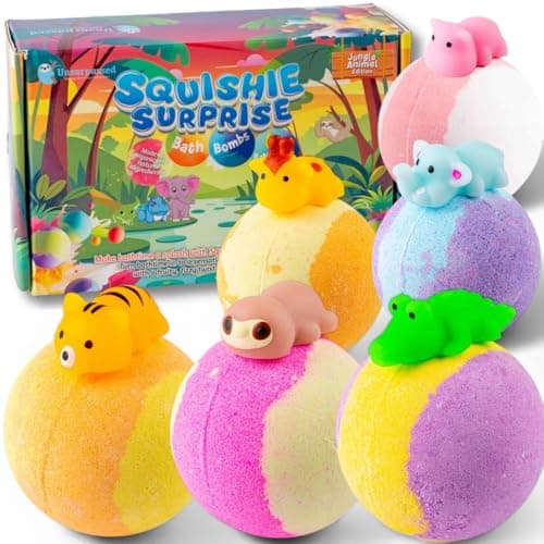 Image of Squishie Surprise Bath Bomb Gift Set, 6 Extra Large Kids Bath Bombs with Surprise Squishy Toy Inside, Fruity Scents, Natural Ingredients, Gift Box, Boys and Girls Age 3 to 8, Birthday Gift