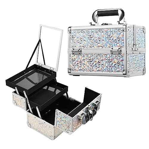 Image of Joligrace Vanity Case Makeup Box Cosmetic Organiser Box Beauty Storage Makeup Up Train Case with Mirror, Lockable with Keys, Dazzle Silver