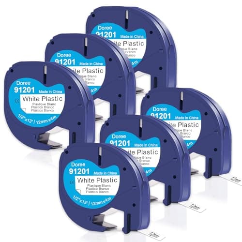 Image of DOREE (Pack of 6) 91201/91221 S0721660 Plastic Tape, 12 mm x 4 m, Black on White, Dymo Letratag Plastic Tape Highly Waterproof, Compatible with Dymo Letratag LT-100H, LT-100T, XR, XM, QX50, 200B