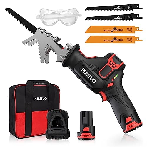 Image of Reciprocating saw,PULITUO 12V Cordless electric reciprocating saw with 0-2700RPM Variable Speed & Adjustable Foot Plate,Powerful Reciprocating Saw set with 2000mAh battery and 1H Fast Charger,4 blades