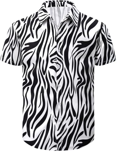 Image of COSAVOROCK Zebra Print Shirt for Men Short Sleeve Hawaiian Shirts, Black White, M