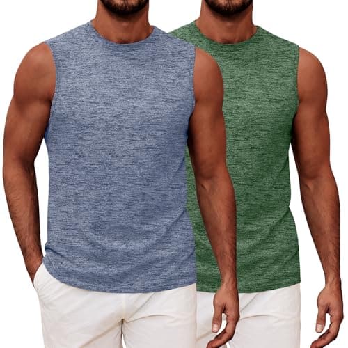 Image of MLANM 2 Pack Men's Sleeveless Vests with Round Neck Quick Dry Airy Sun Protection Tank Top Gym Sport Casual Vest Training Running Top Loose Fit Training Tee, M Blue White/Green White