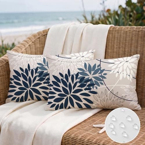 Image of Artscope Outdoor Waterproof Dark Blue White Cushion Covers Geometric 40x60cm Set of 2 Dahlia Floral Pillowcases Outdoor Flowers Pillow Covers for Patio Garden Bench Sofa Farmhouse Decor