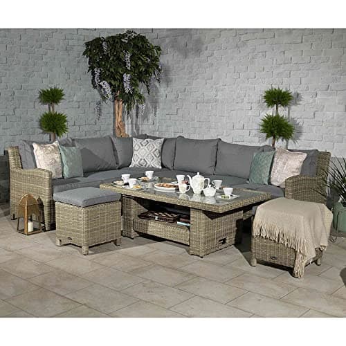 Image of Royalcraft Wentworth Modular Corner Dining Set In Cream With Grey Cushions And Adjustable Table