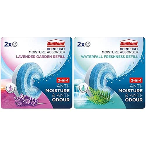 Image of UniBond AERO 360° Moisture Absorber Lavender Garden Refill Tab, aromatherapy,Twin Pack (2 x 450g)&AERO 360° Moisture Absorber Waterfall Freshness Refill Tab, Aromatherapy, Twin Pack (2 x 450g)