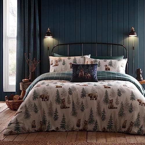 Image of Dreams & Drapes Woodland Bear & Trees Duvet Cover Set – King Size (230 x 220cm) – Soft Brushed 100% Cotton – Reversible Green Check Bedding – Flannelette Quilt Cover with Bears – 2 Pillowcases