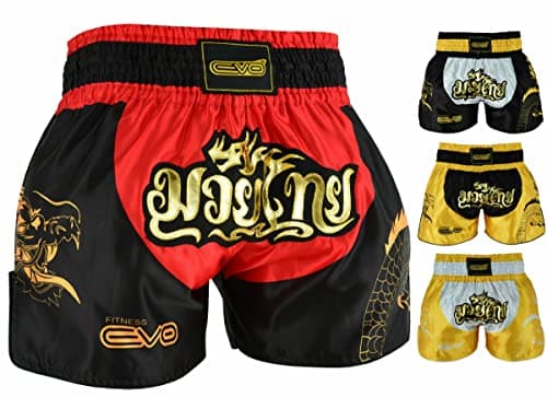 Image of EVO Fitness Muay Thai Shorts MMA Martial Arts Grappling Kick Boxing UFC Cage Fighting Gym Training Men Women Clothing Gear (X-Small, Red/Black)
