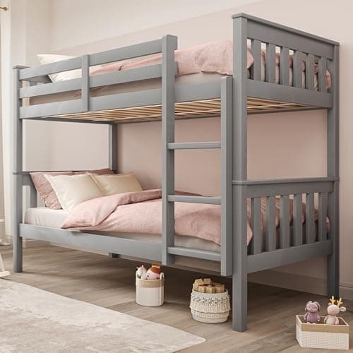 Image of Blisswood Double Bunk Bed, 3ft Single Bed Frame with Ladder, Extra Strong & Durable, Wooden Kids bunk beds, Twin Sleeper for Kids, Children, Adults, Double Bed Frame With Under Bed Storage (Grey)